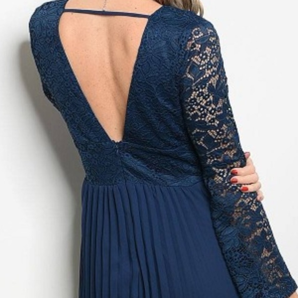 Long Lace Sleeve Full Length Vneck Pleated Gown - Picture 2 of 2